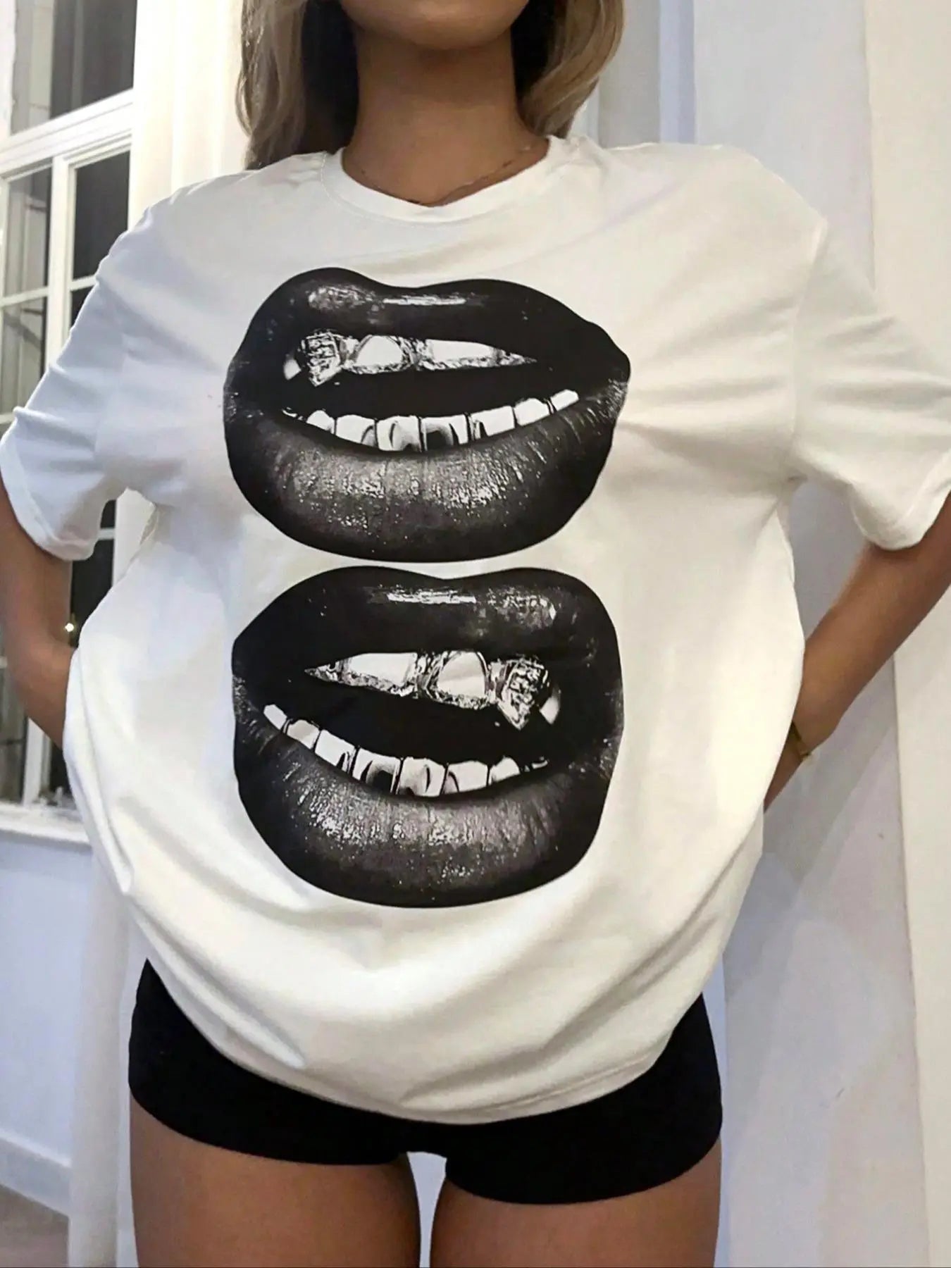 Women'S Mouth Print Drop Shoulder Tee, Casual Short Sleeve round Neck T-Shirt for Summer, Fashion Women'S Top for Daily Wear, Clothing